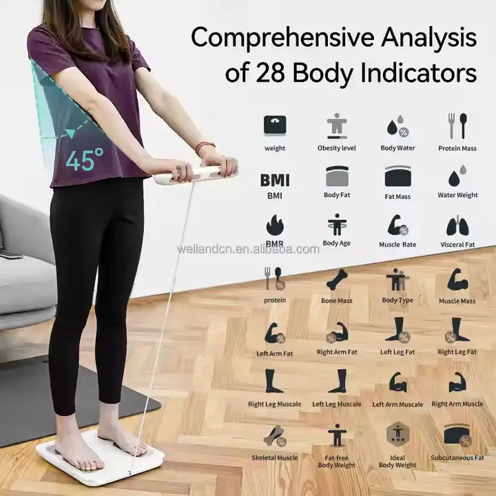Smart Personal Scale with 8 Electrodes 1g Accuracy LCD Display Tempered Glass and Plastic Material for Body Analysis