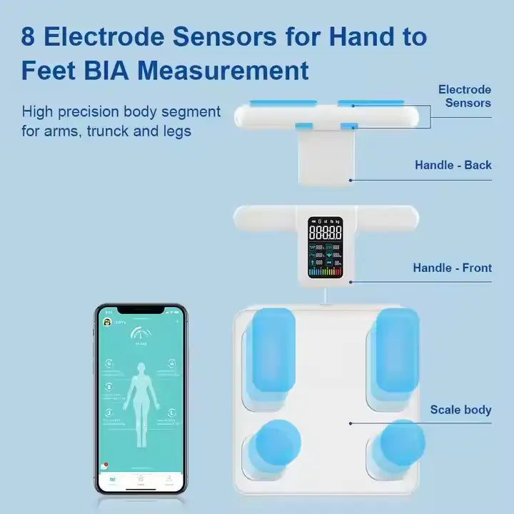 Smart Body Fat Scale BMI 8-Electrode Glass Personal Scale with Wearing Hand Bar 180kg Capacity Customized OEM & ODM Supported