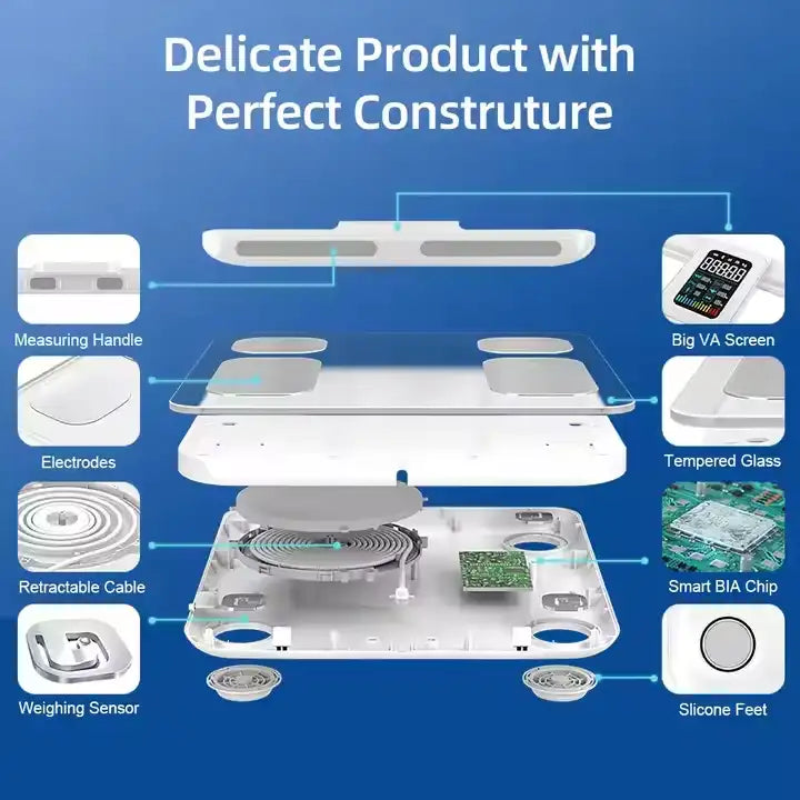 Smart Body Fat Scale BMI 8-Electrode Glass Personal Scale with Wearing Hand Bar 180kg Capacity Customized OEM & ODM Supported