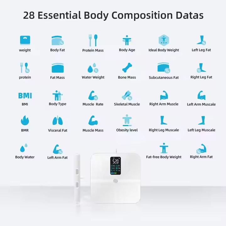 8 Electronic BMI Glass VA Screen OEM White Black Body Weight Fat Analysis Digital Smart Scale with IOS and Android APP