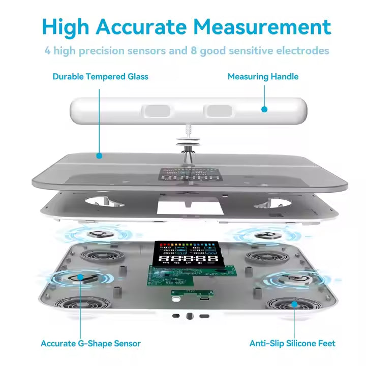 8 Electronic BMI Glass VA Screen OEM White Black Body Weight Fat Analysis Digital Smart Scale with IOS and Android APP